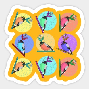 Birds of a feather flock together illustration with colorful pattern of woodland birds in silly daisy hats Sticker